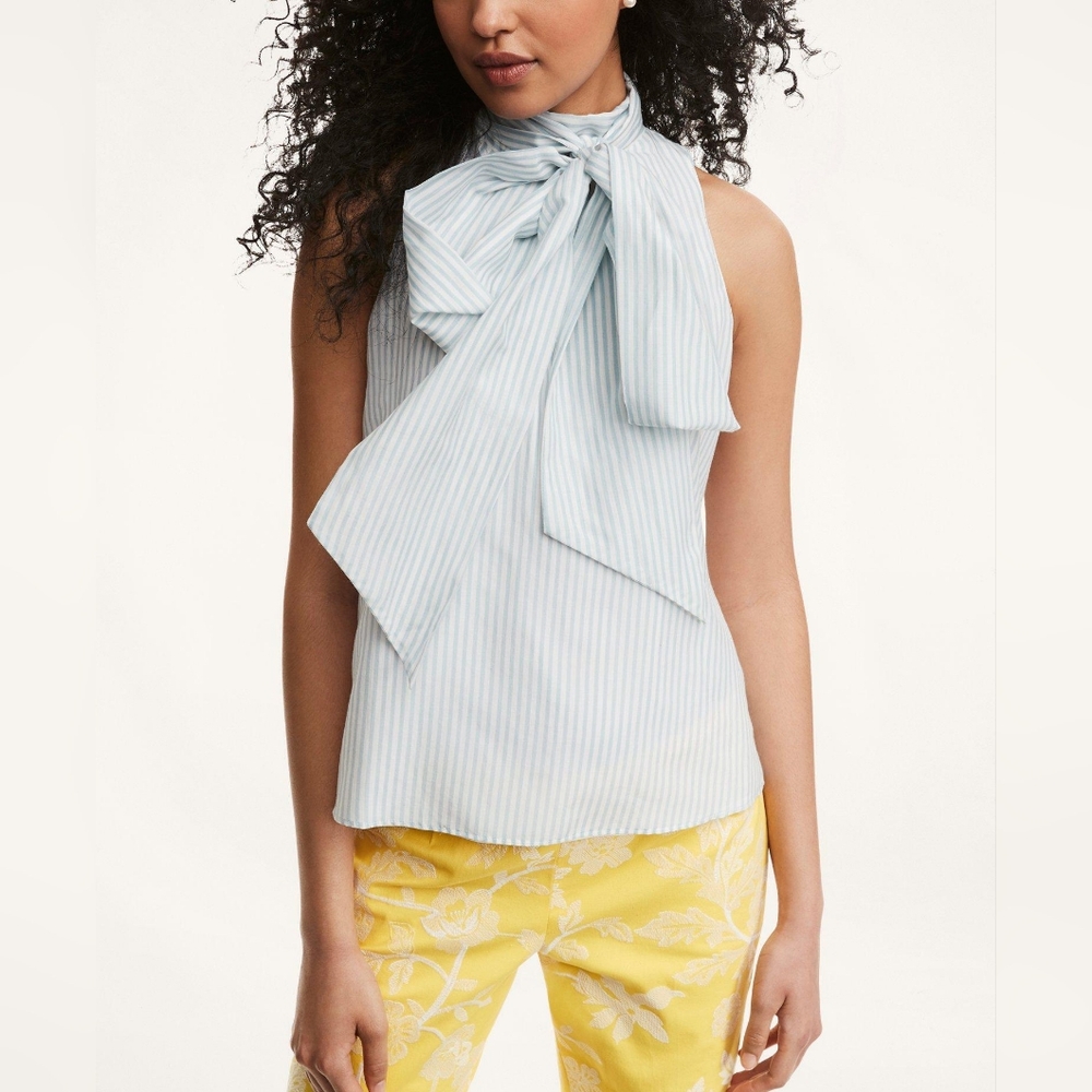Brooks Brothers Blue and White Striped Bow-Neck Sleeveless Top